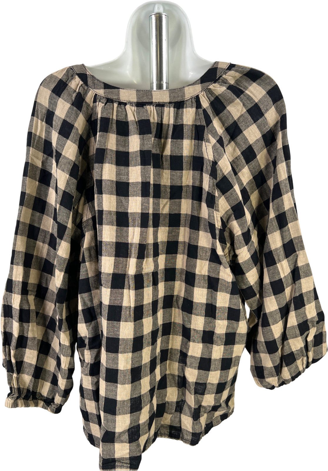 Beach Lunch Lounge Women’s Black/Beige Molly Checkered 3/4 Sleeve Blouse - L