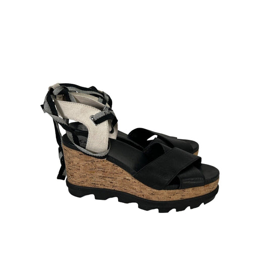 Sorel Women's Black/White Ankle Wrap Cork Wedge Sandals - 9.5