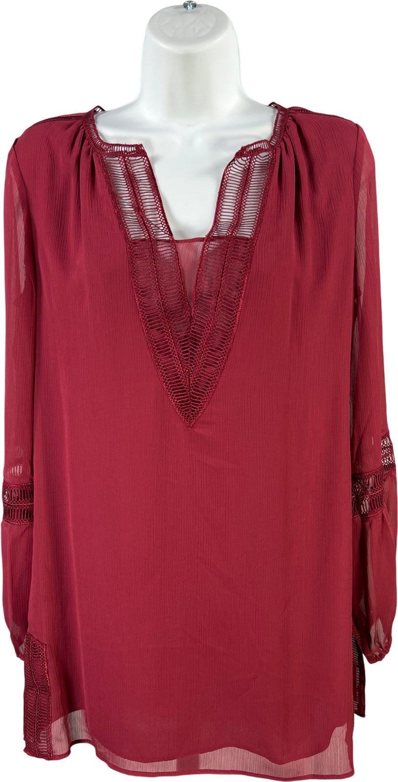 White House Black Market Women’s Burgundy Long Sheer Sleeve V-Neck Blouse - XS