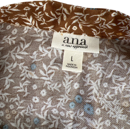 NEW ANA Women’s Brown Floral V-Neck Wrist Length Sleeve Blouse - L