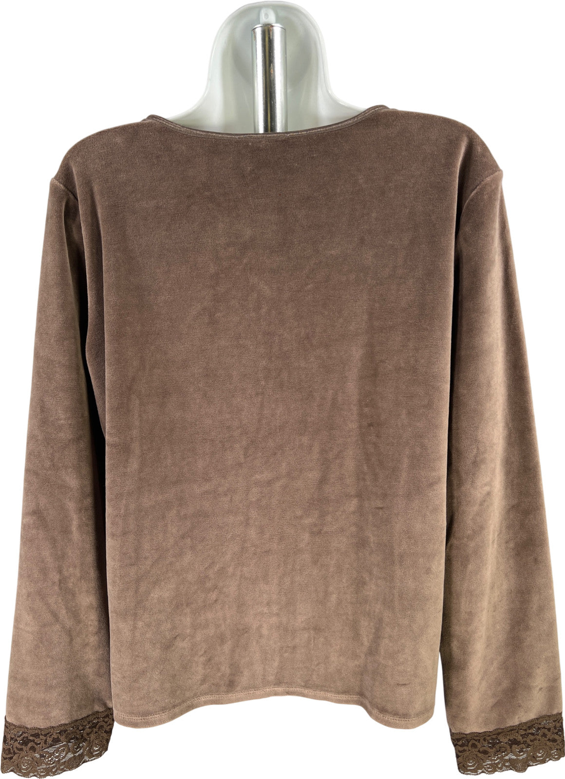 J.Jill Women’s Brown Shale Velour Lace Trim Button Up Cardigan Sweater - M