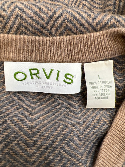 Orvis Men’s Brown/Gray Long Sleeve Pullover Cashmere V-Neck Sweater - L