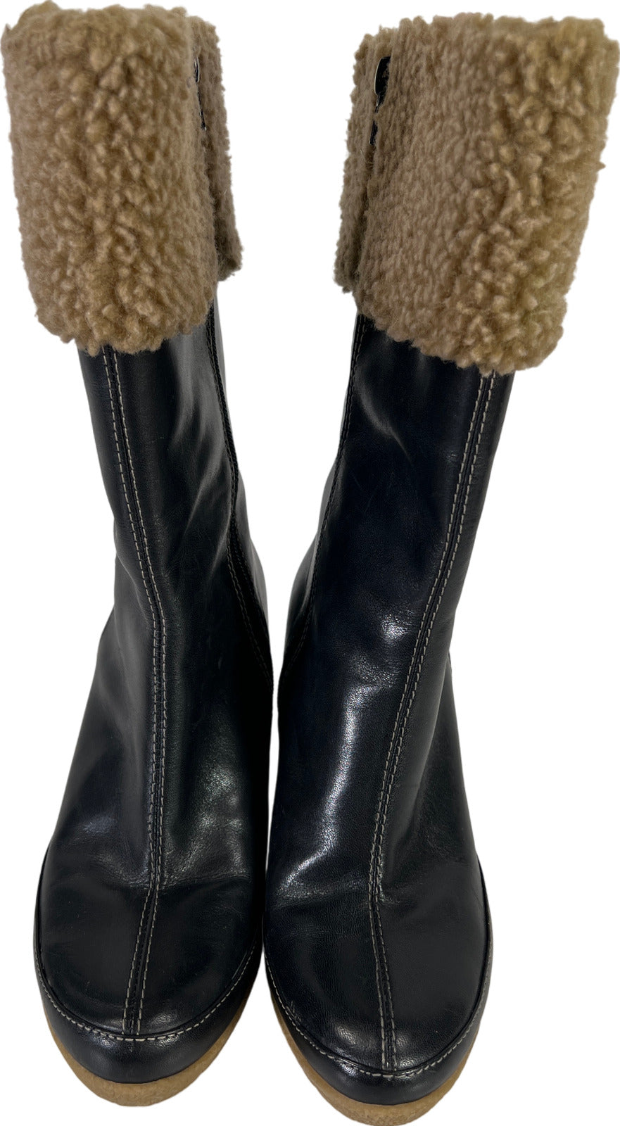 Easy Spirit Women’s Black Leather Faux Fur Side Zip Wedge Mid Calf Boots - 6