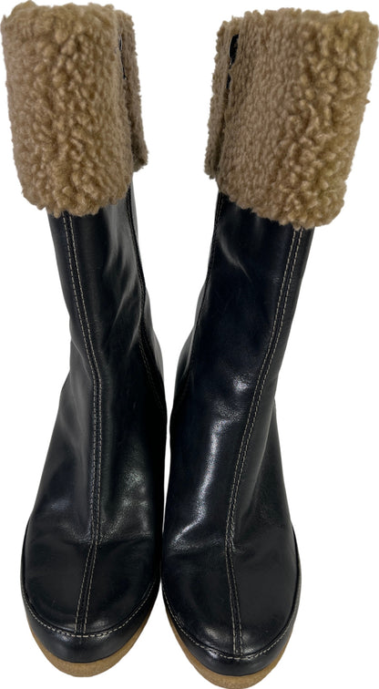 Easy Spirit Women’s Black Leather Faux Fur Side Zip Wedge Mid Calf Boots - 6