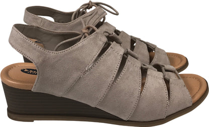 Dr. Schools Women’s Taupe Suede Court Peep Toe Wedge Sandals - 9.5