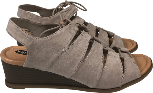 Dr. Schools Women’s Taupe Suede Court Peep Toe Wedge Sandals - 9.5