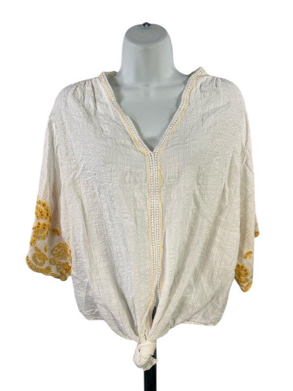Max Studio Women's White/Yellow Short Eyelet Sleeve Tie Front Blouse - L