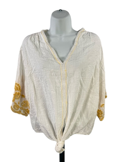 Max Studio Women's White/Yellow Short Eyelet Sleeve Tie Front Blouse - L