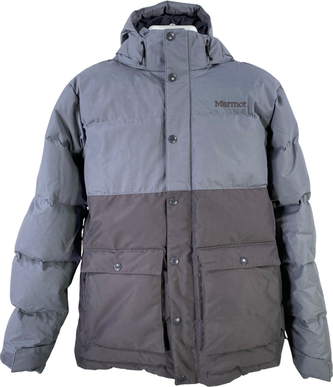 Marmot Men’s Gray/Blue Duck Down Insulated Full Zip Hooded Puffer Coat - L