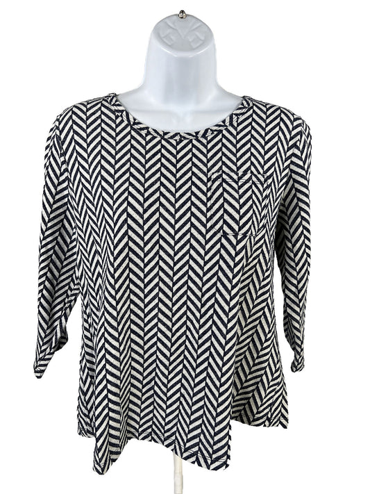 Chico's Women's Blue/White 1/2 Sleeve Pocket Front T-Shirt - 1/M