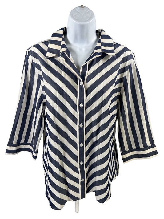 Chico's Women's Blue Striped 3/4 Sleeve Button Up Shirt - Petite 3P