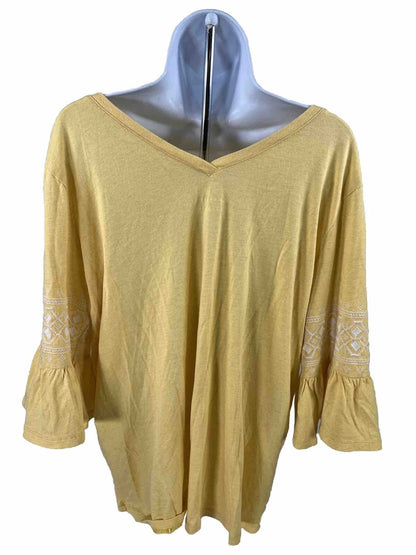 J. Jill Women's Yellow Embroidered Sleeve Double V-Neck Top Shirt - L