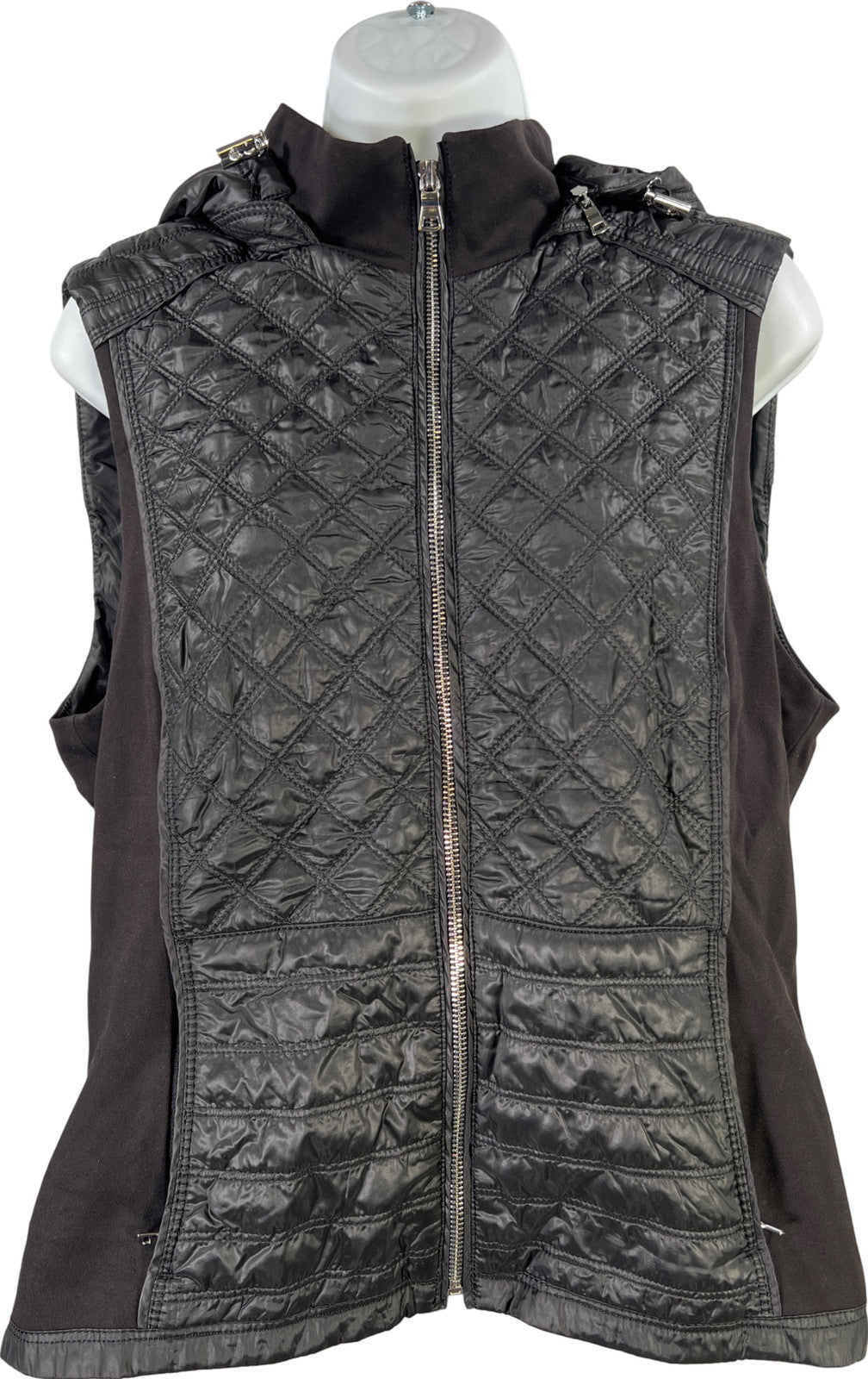 White House Black Market Women’s Black Quilted Hooded Full Zip Vest - L