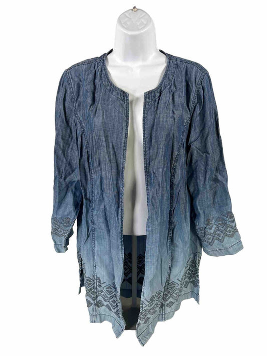 Chico's Women's Blue Chambray Open Front 3/4 Sleeve Top - 2/US L
