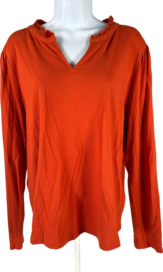 Chico’s Women’s Orange Long Sleeve Ruffle Trim. V-Neck Shirt - 2/US L