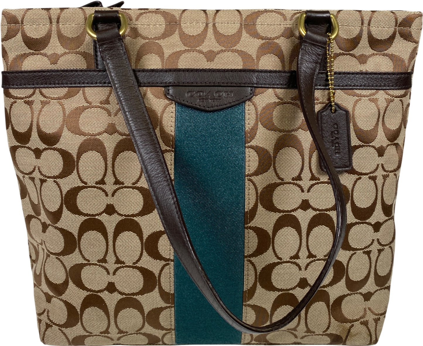 Coach Women’s Brown Signature Stripe Canvas Zip Close Tote Bag Purse