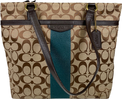 Coach Women’s Brown Signature Stripe Canvas Zip Close Tote Bag Purse