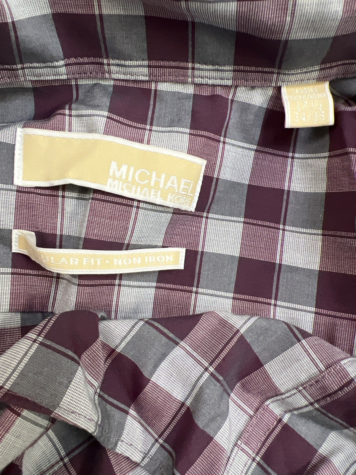 Michael Kors Men’s Purple/Gray Checkered Non-Iron Button Up Dress Shirt - 17.5