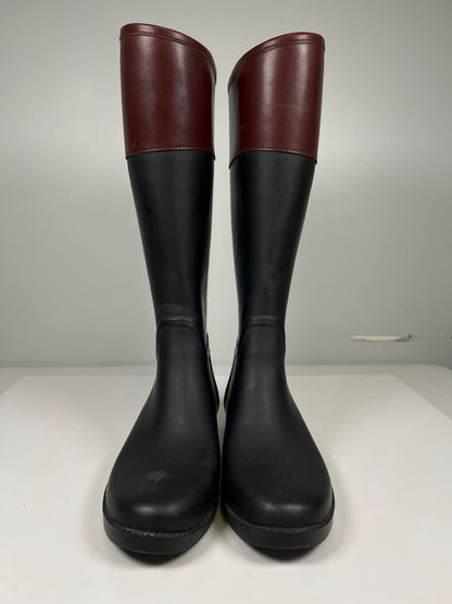 Tory Burch Women’s Black/Brown Classic Leather Cuff Diana Tall Rain Boots - 10B