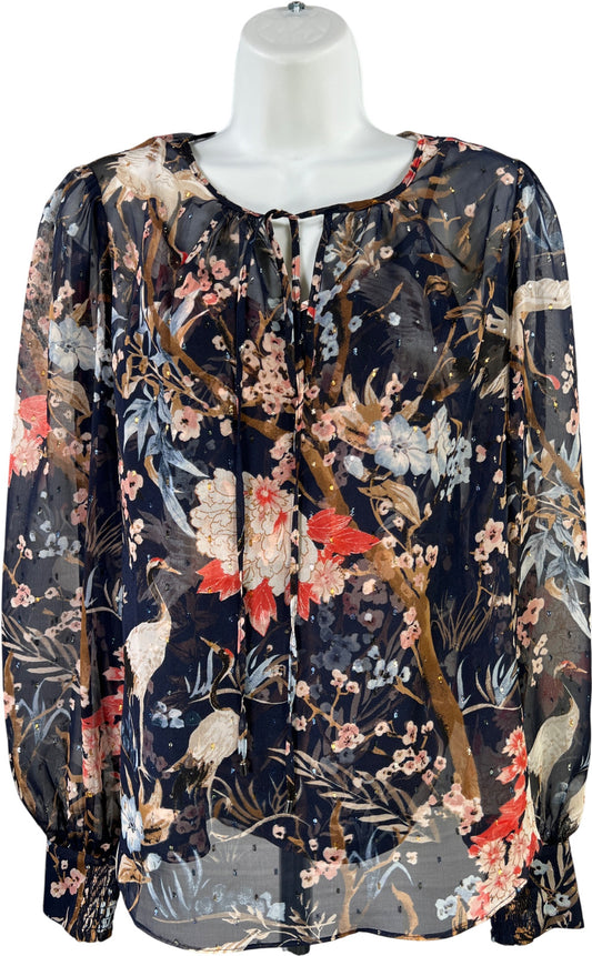 White House Black Market Women’s Blue Floral Lined Long Sleeve Blouse - S