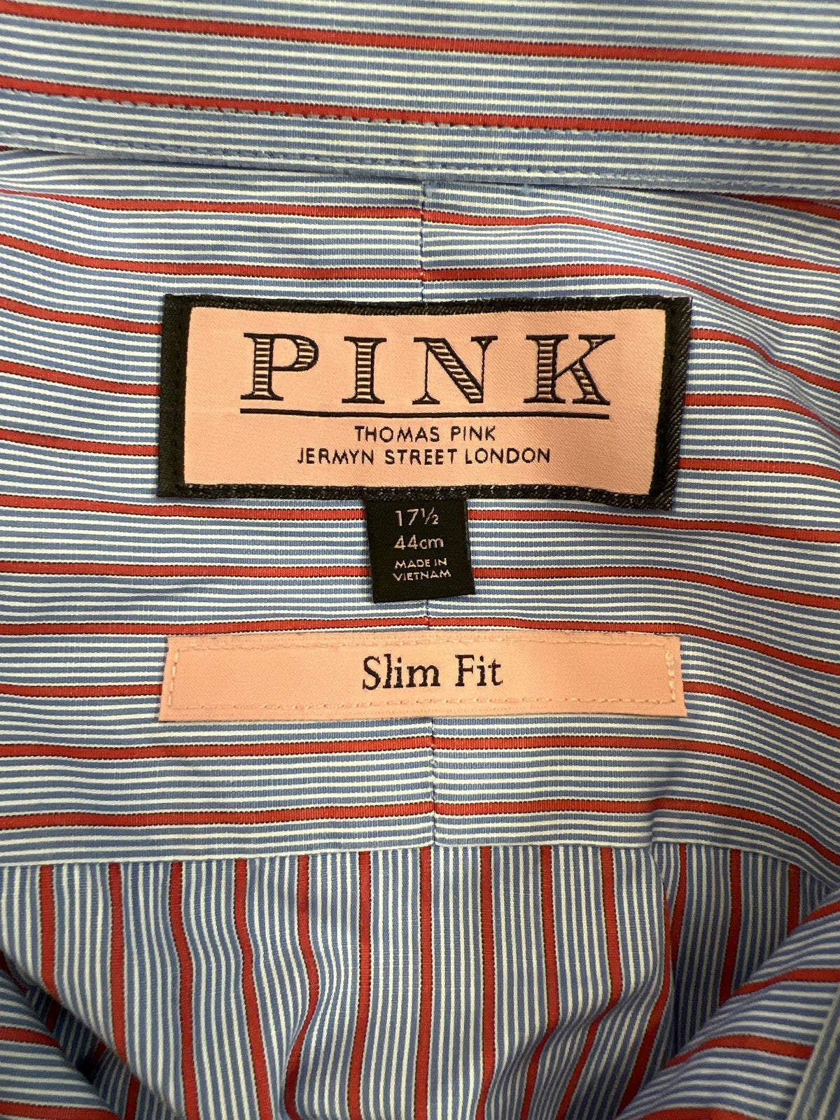 Thomas Pink Men’s Blue/Red Striped Slim Fit Button Up Dress Shirt - 17.5