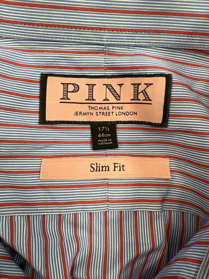 Thomas Pink Men’s Blue/Red Striped Slim Fit Button Up Dress Shirt - 17.5