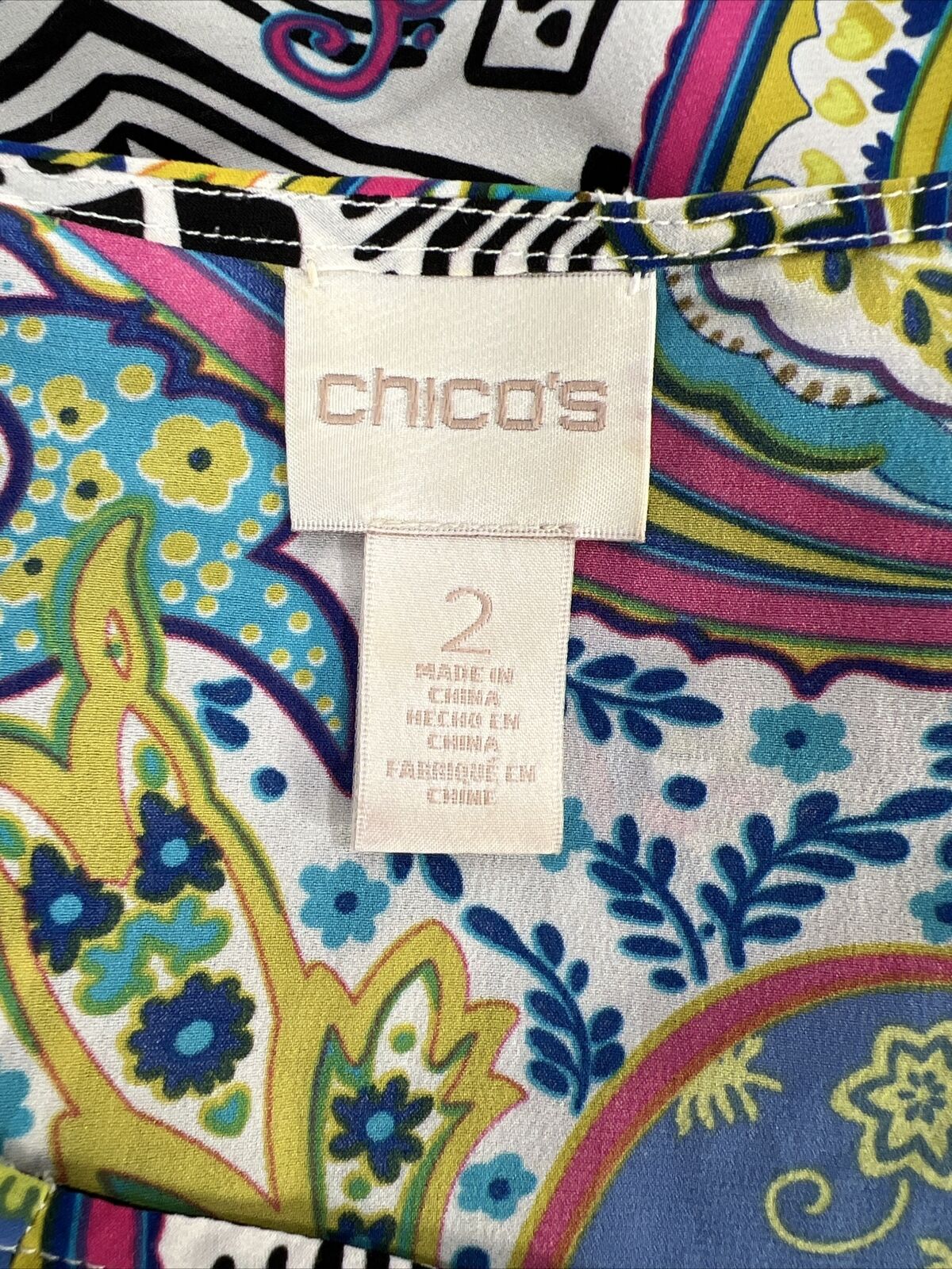 Chico's Women's Multi-Color Paisley Cold Shoulder Fringe Blouse - 2/L