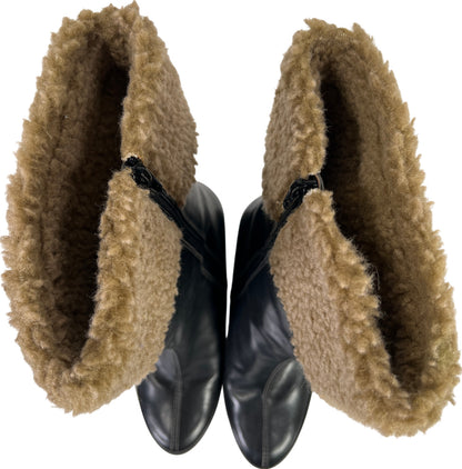 Easy Spirit Women’s Black Leather Faux Fur Side Zip Wedge Mid Calf Boots - 6