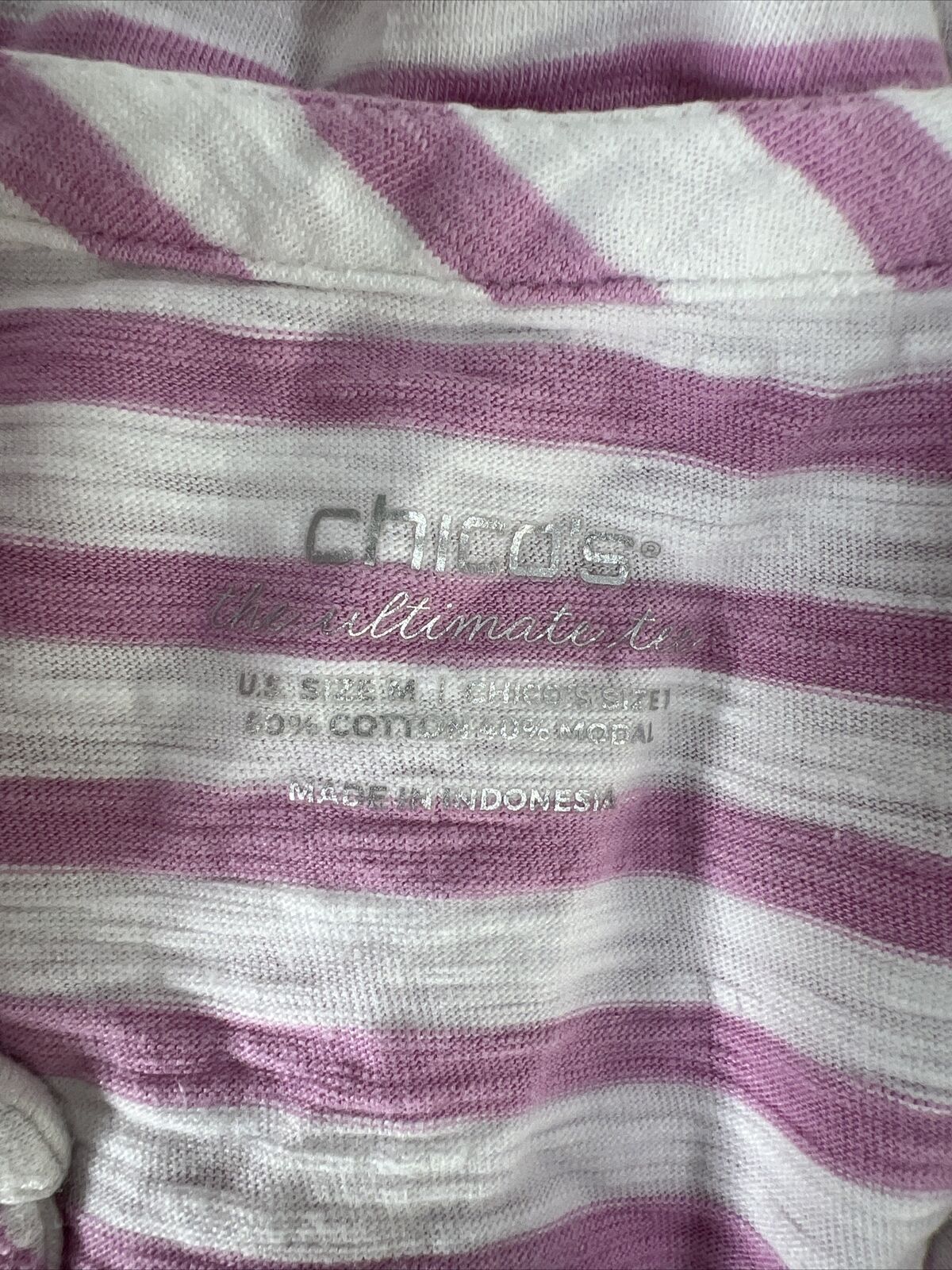 Chico's Womens Pink Striped 3/4 Sleeve Henley Ultimate Tee Shirt - 1/US M