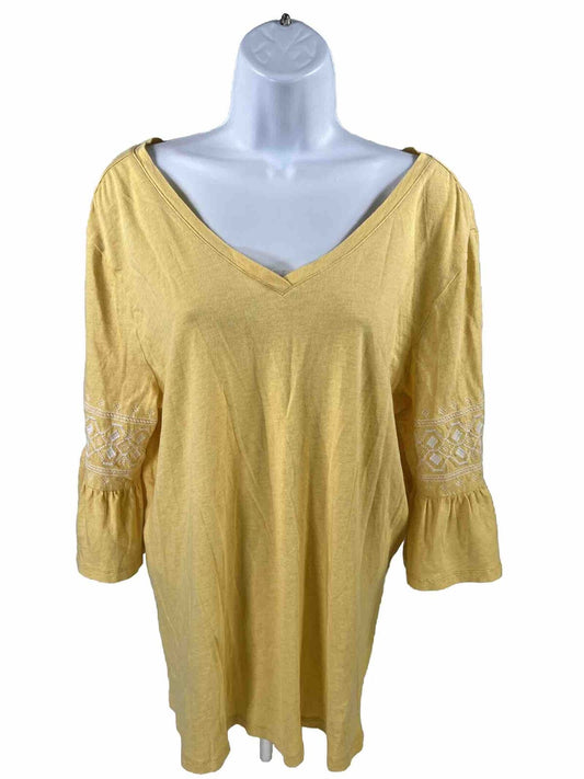 J. Jill Women's Yellow Embroidered Sleeve Double V-Neck Top Shirt - L