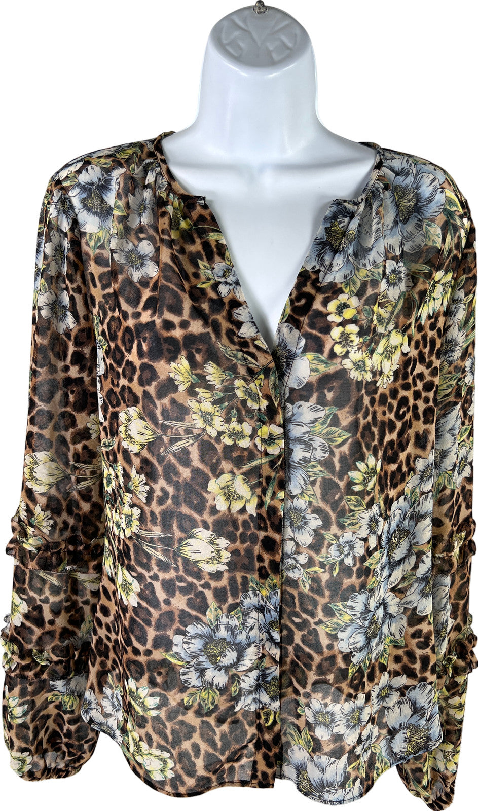 White House Black Market Women’s Brown Animal/Floral Button Up Sheer Blouse - S