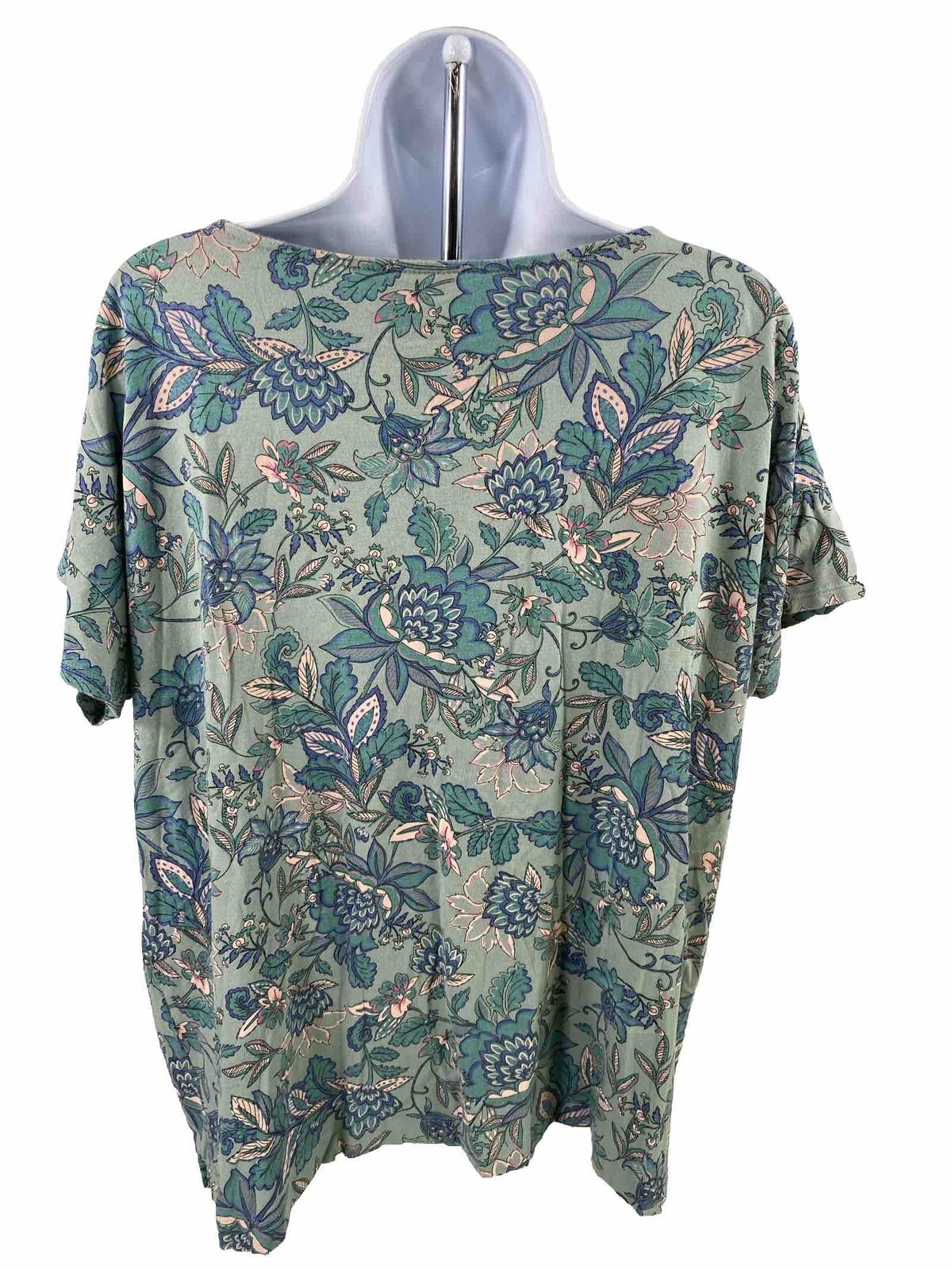 J.Jill Women's Green Floral Luxe Supima Short Sleeve T-Shirt - L