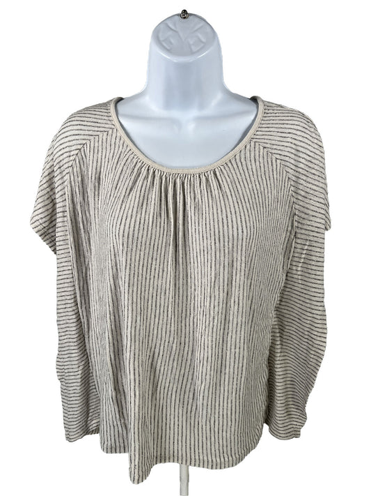 Pure Jill Women's Ivory/Beige Striped Sleeveless Linen T-Shirt - L Petite
