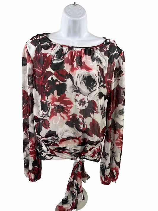 White House Black Market Women's Red Floral Sheer Tie Blouse Top - 8