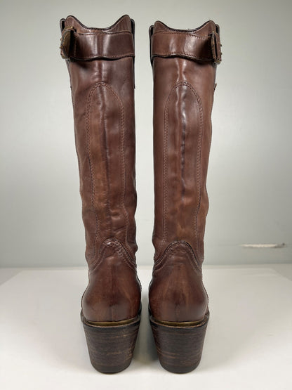 Janet and Janet Women’s Brown Leather Heeled Fashion Western Boots - 38/US 7