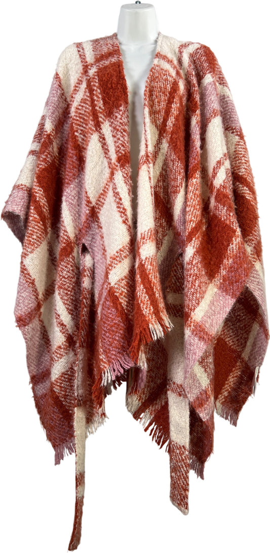 Max Studio Women’s Brick Red/White Plaid Poncho Sweater - One Size