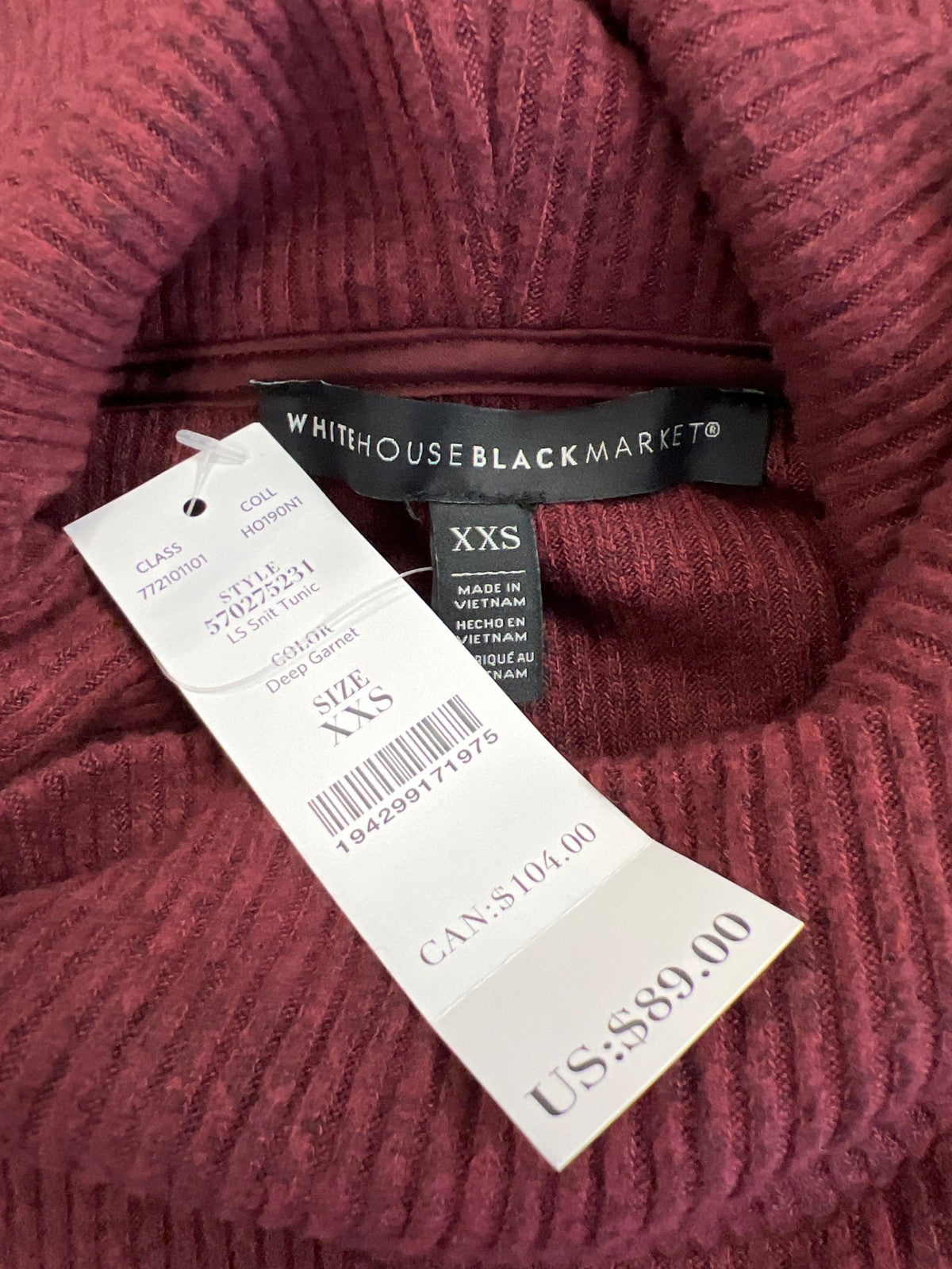 White House Black Market Women’s Burgundy Long Sleeve Tunic Sweater - XXS