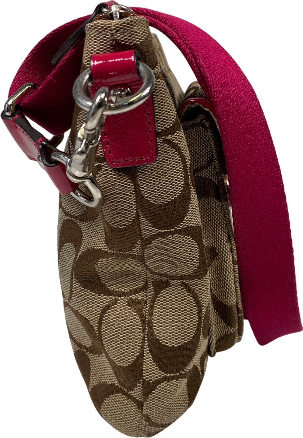 Coach Women’s Beige Khaki Signature Pink Trim Small Crossbody Purse