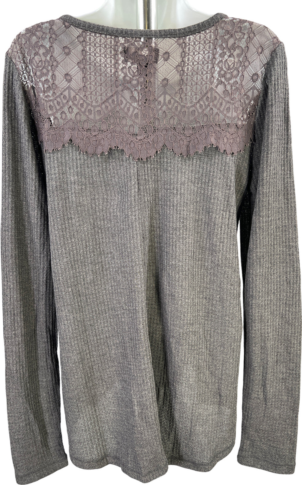 Lucky Brand Women’s Gray Waffle Knit Lace Trim Long Sleeve Shirt - M