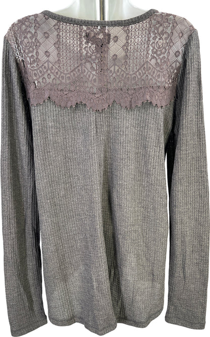 Lucky Brand Women’s Gray Waffle Knit Lace Trim Long Sleeve Shirt - M