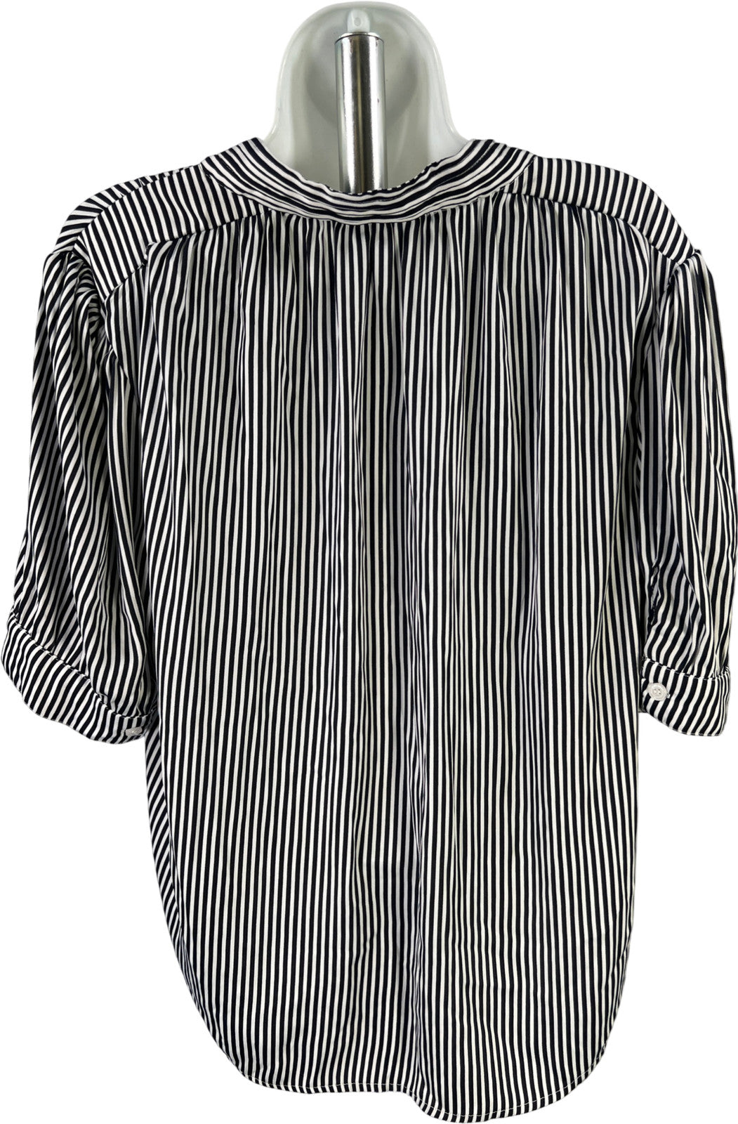 T Tahari Women’s Blue/White Striped Short Sleeve Button Up Blouse - M
