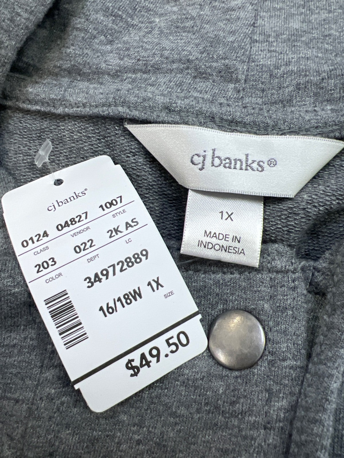 CJ Banks Women’s Gray Snap Button Sleeveless Hooded Sweatshirt - Plus 1X