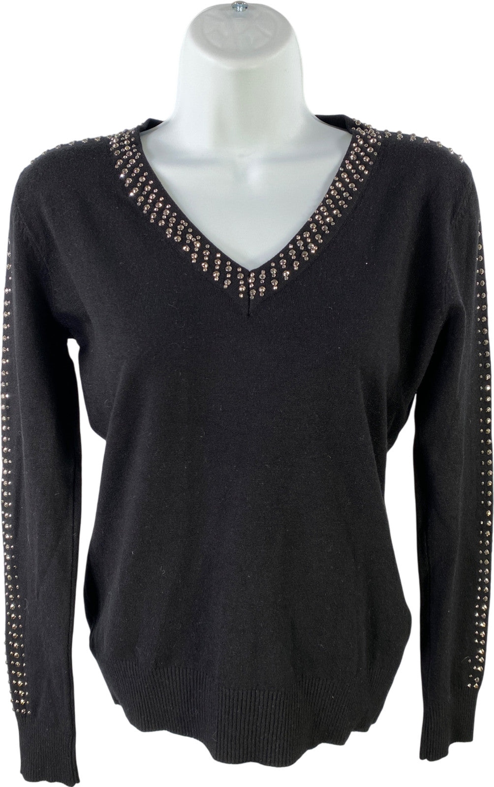 Vila Milano Women’s Black Long Studded Sleeve V-Neck Wool Blend Sweater - S