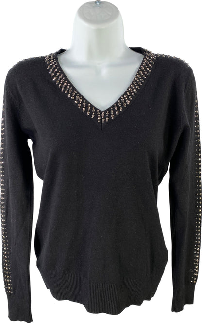 Vila Milano Women’s Black Long Studded Sleeve V-Neck Wool Blend Sweater - S