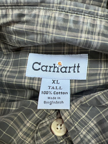 Carhartt Men’s Green Plaid Long Sleeve Button Up Shirt - XL Tall