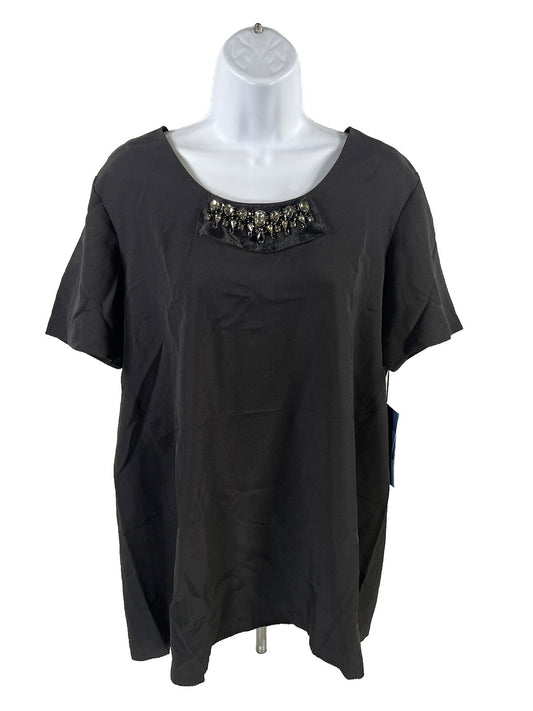 NEW Simply Vera Wang Women's Black Jeweled Front Short Sleeve Blouse - L