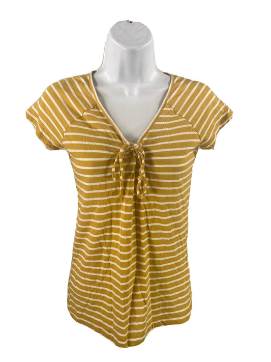 Lucky Brand Camiseta a rayas amarillas/blancas con cuello en V y lazo en la parte delantera para mujer, talla XS