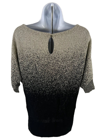 White House Black Market Women's Black Metallic Short Sleeve Sweater - S