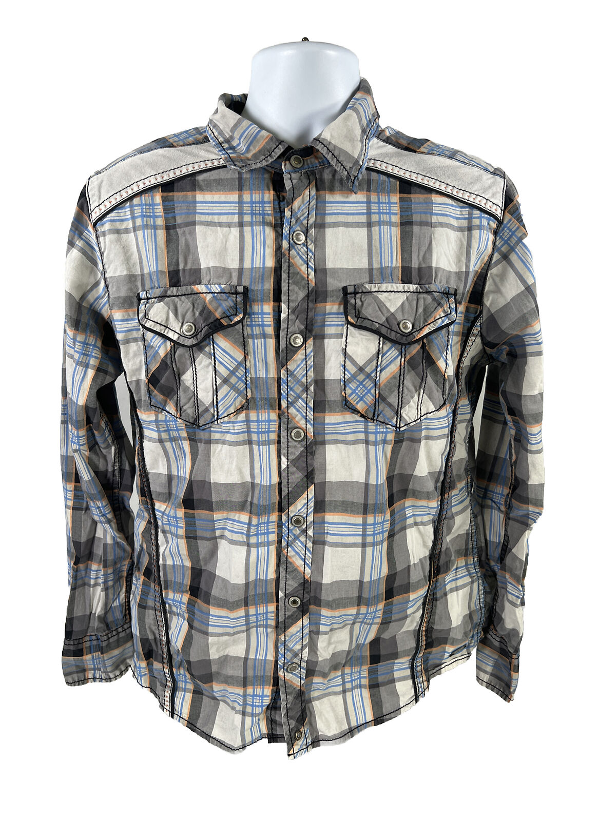 Camisa informal ajustada de manga larga a cuadros gris con hebilla negra para hombre - M
