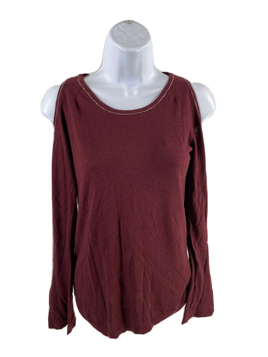 White House Black Market Women's Burgundy Red Cold Shoulder Sweater - XS